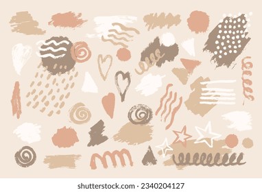 Abstract set of brush, splash, texture, drop, stroke of paint. Collection of earth tone colors heart, star, line, circle, round, wave, triangle shape. Vector illustration elements on beige background