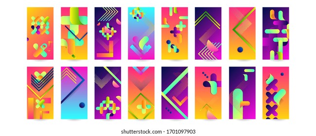 Abstract set card background with fun color for doodle geometric background. Vector trend design dot lines and gradients