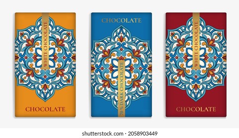 Abstract set of chocolate bar packaging design. Vector luxury template with ornament elements. Can be used for background and wallpaper. Great for food and drink package types.