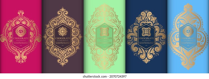 Abstract set of chocolate bar packaging design. Vector luxury template with ornament elements. Can be used for background and wallpaper. Great for food and drink package types.