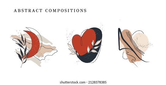 conjunto abstracto de círculo, luna, línea, punto. corazón romántico, dibujado a mano al estilo boho. una moderna carta de negocios minimalista. objeto aislado. ilustración de arte vectorial para impresión, banner, postal