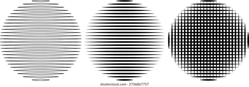 Abstract set of circular sun icons with horizontal and vertical linear patterns in op-art style