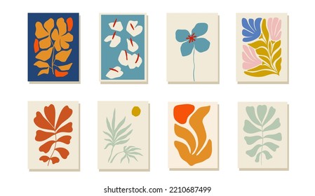 Abstract set of clockwork floral elements. Modern trendy minimalistic Matisse style. Hand drawn for wallpaper, wall decor, print, postcard, cover, template, banner.