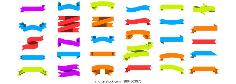 Abstract Set Collection Flat Banner Ribbon Elements Color Retro Flag, Tape For Text, Price Tag, Sale Label Isolated Vector Design Style Illustration Blank Template Different Shapes