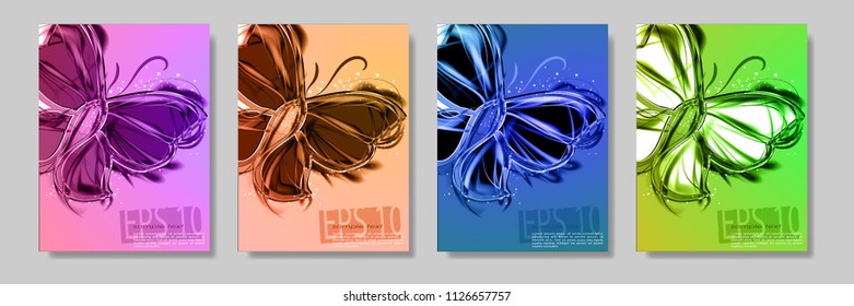 Abstract set color festive dynamic backgrounds. Expressive cool vector frame with contrast glowing fibers and butterfly.