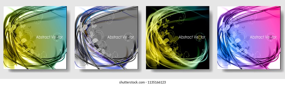 Abstract set color festive dynamic backgrounds. Expressive cool vector frame with contrast glowing fibers and butterfly.