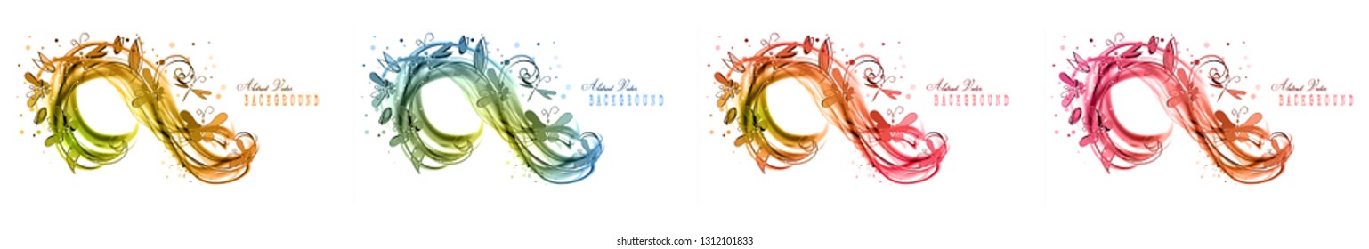Abstract set color festive dynamic backgrounds. Light cool vector frame with contrast glowing fibers and butterfly.