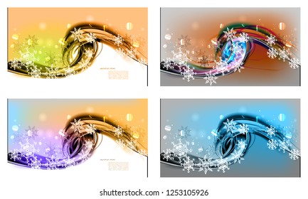 Abstract set color festive winter backgrounds. Expressive cool vector frame with contrast glowing fibers and snowflakes.