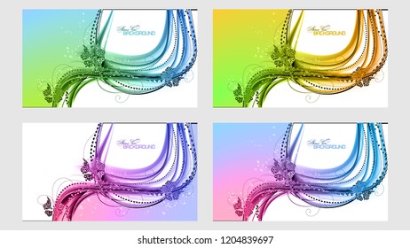 Abstract set color light festive backgrounds. Gentle vector frame with glowing fibers and butterfly.