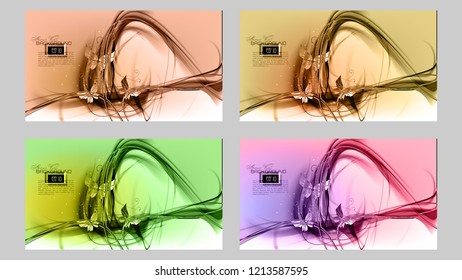 Abstract set color light festive backgrounds. Expressive vector frame with glowing fibers and butterfly.