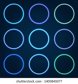 Abstract set color neon circle with glowing lines. Design element for your ad, sign, poster, banner. Vector illustration