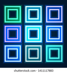 Abstract set color neon square with glowing lines. Design element for your ad, sign, poster, banner. Vector illustration