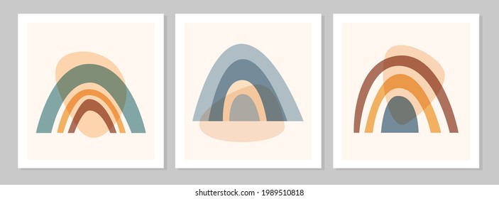 Abstrakter, bunter Boho-Regenbogen mit Formen einzeln auf beigem Hintergrund. Vektorflache Illustration. Skandinavische Clipkunst für moderne Drucke, Grußkarten, Poster, Wandkunst. 