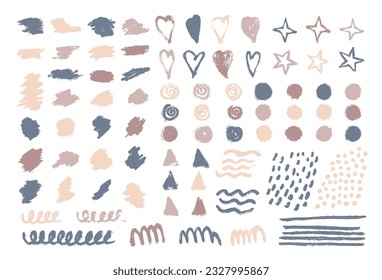 Abstract set of colorful brush, splash, texture, drop, stroke of paint. Collection of heart, star, line, circle, round, wave, triangle shape. Vector illustration elements isolated on white background