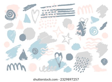 Resumen conjunto de pincel colorido, salpicadura, textura, gota, trazo de pintura. Colección del corazón, estrella, línea, círculo, redondo, onda, forma triangular. Elementos de ilustración de vector aislados en fondo blanco