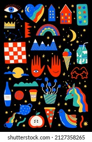 Abstract set of colorful funky doodle elements. Hand drawn vector illustration of unicorn, ice cream, milk, pizza, pills, bird and other objects. Bright psychedelic poster