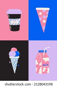 Abstract set of colorful funky doodle fast food. Hand drawn vector illustration of coffee cup, pizza slice, ice cream, milk package. Bright psychedelic poster
