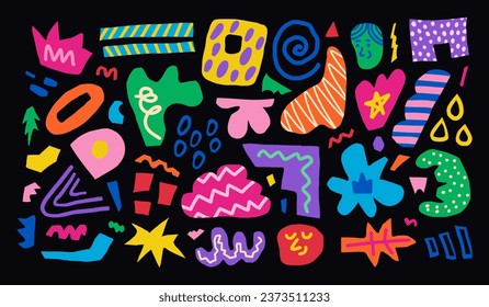 Abstract set of colorful hand drawn freeform, curls, forms and doodle objects. Modern trendy vector illustration