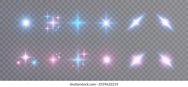 Abstract set of colorful light effects, twinkling bright stars. For graphic design and game interfaces.	
