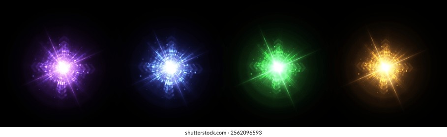 Abstract set of colorful light effects, shimmering bright futuristic shine of glare and reflections. For graphic design and game interfaces.	
