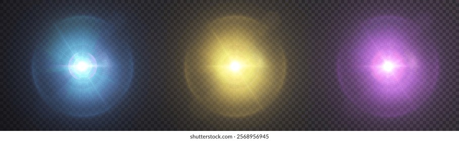 Abstract set of colorful light effects, shimmering bright glare reflections of light lens. For graphic design and game interfaces.	
