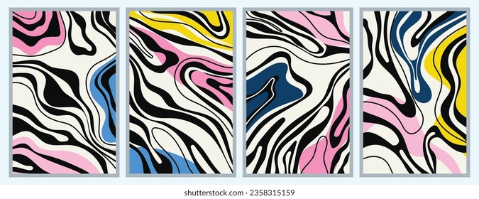  Conjunto abstracto de carteles coloridos. Plantilla preparada en un estilo futurista. Variadas olas y líneas dibujadas a mano. El ambiente de los años 90 Elementos retro del diseño vintage. Vector de moda