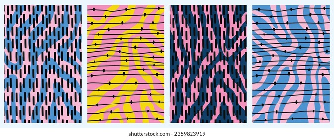 Abstract set of colorful posters. Ready made template in a futuristic style. Various waves and lines drawn by hand. The atmosphere of the 90s . Retro elements of vintage design. Trendy vector