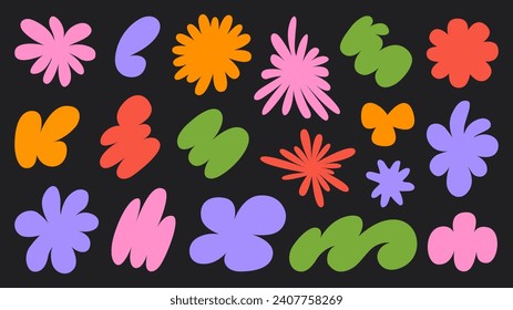 Abstract set colorful retro groovy shapes on a black background. Vector illustration in cartoon style 90s, 00s