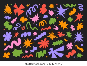 Abstract set colorful retro groovy shapes on a black background. Trendy geometric cosmic starburst forms. Vector illustration in cartoon style 90s, 00s