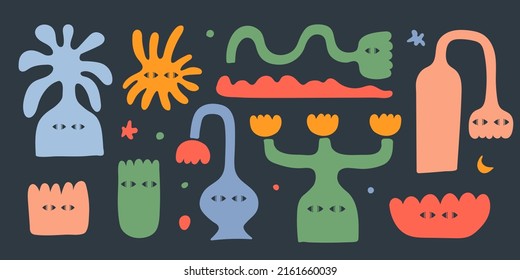 Abstract set with colorful various strange vases and flowers. Trendy hand drawn fictional characters isolated on a black background. Vector illustration