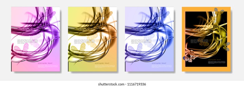 Abstract set contrast color cool dynamic backgrounds. Expressive vector frame with glowing fibers and butterfly