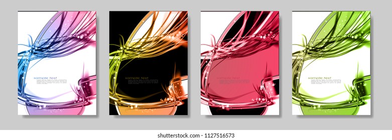 Abstract set contrast color cool dynamic backgrounds. Expressive vector frame with glowing fibers.