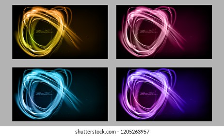 Abstract set contrast color cool dynamic backgrounds. Expressive vector frame with glowing fibers.