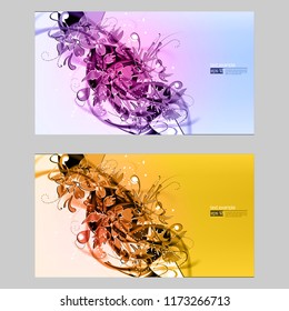 Abstract set contrast color festive backgrounds. Expressive vector frame with glowing fibers and shine flower.