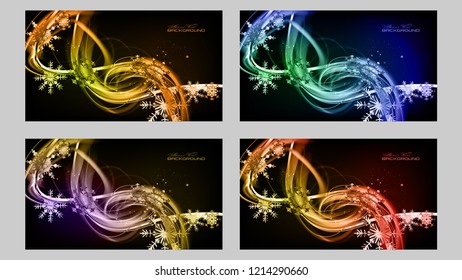 Abstract set contrast color shine festive backgrounds. Expressive vector frame with glowing fibers and snowflake.