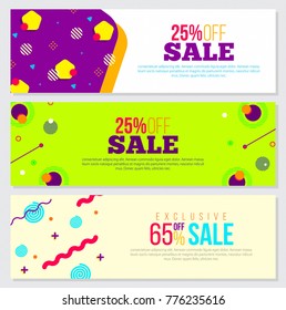 Abstract Set of Creative Banner Designs with Trendy Flat 3D Shapes. Exclusive Discount and Sale Offer text.