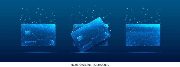 Abstract set of credit bank cards in futuristic hologram blue on a technology background. Digital debit and credit payment cards with glowing light dots. Money concept. Low poly vector illustration.