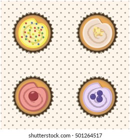 Abstract set of cupcakes on the polka dots background. Four colorful different taste muffins. Set of cakes.Top view bakes.
