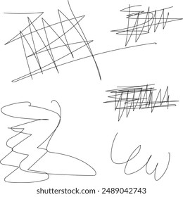 Abstract set of curly lines of free-form doodles, simple black monochrome vector illustration, collection of design elements