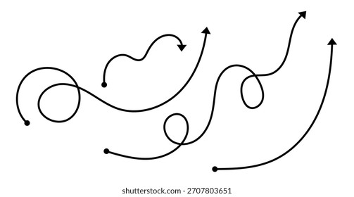 Abstractas conjunto de flechas de línea curvas, sinuosas y en espiral con puntos de partida. Colección de Vector de estilo doodle dibujado a mano de caminos ondulados y en bucle que indican dirección y movimiento complejos.