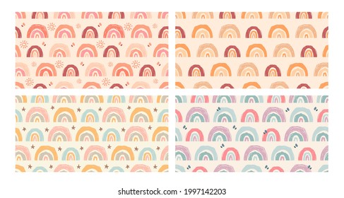 Conjunto abstracto de bonitos arcos en patrones sin fisuras en estilo doodle para el diseño contemporáneo de superficies de moda. Ilustración vectorial colorida en tonos pastel