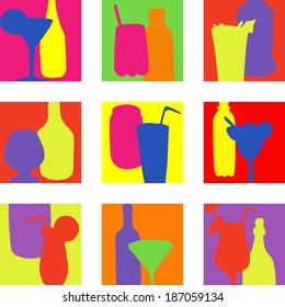 abstract set designs with drinks, icons, vector illustration
