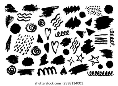 Conjunto abstracto de pincel diferente, salpicadura, textura, gota, trazo de pintura. Colección del corazón, estrella, línea, círculo, redondo, onda, forma triangular. Elementos de ilustración de vector aislados en fondo blanco