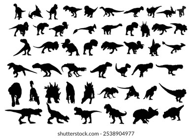 Abstract Set of different dinosaur icon silhouettes. Isolated flat vector illustrations
