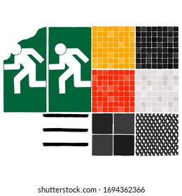 Conjunto abstracto de diferentes elementos geomeriacales, baldosas y señales de hombre en marcha aisladas sobre fondo blanco. Inspirado por las estaciones de metro de Estocolmo