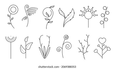 Abstract Set Doodle Elements Hand Drawn Collection Botanic Herbal Flora Leaf Branch Vine Flower Plant Elements F Vector Desgin Style