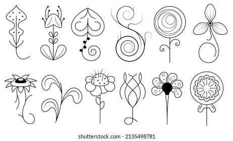 Abstract Set Doodle Elements Hand Drawn Collection Botanic Herbal Flora Leaf Branch Vine Flower Plant Elements F Vector Desgin Style