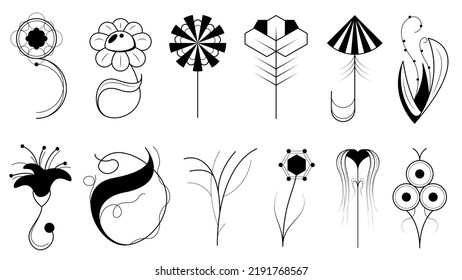 Abstract Set Doodle Elements Hand Drawn Collection Botanic Herbal Flora Leaf Branch Vine Flower Plant Elements Vector Desgin Style