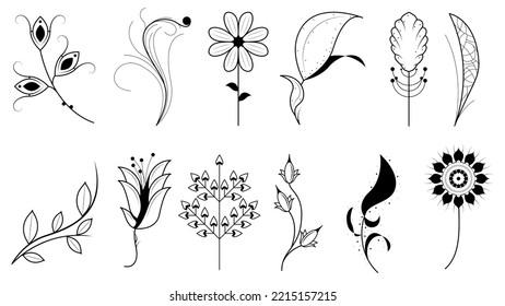 Abstract Set Doodle Elements Hand Drawn Collection Botanic Herbal Flora Leaf Branch Vine Flower Plant Elements Vector Desgin Style