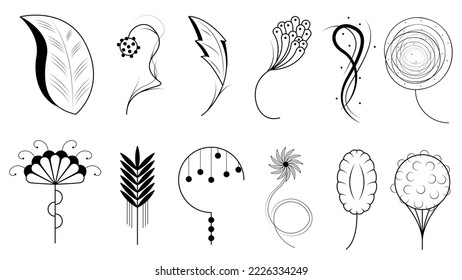 Abstract Set Doodle Elements Hand Drawn Collection Botanic Herbal Flora Leaf Branch Vine Flower Plant Elements Vector Desgin Style